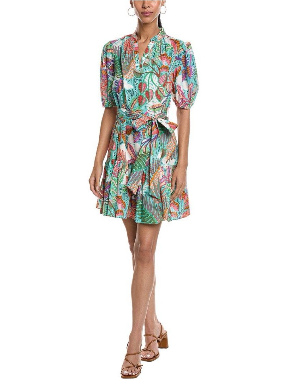 Vince Camuto Turquoise Multicolor Tropical puff sleeve short tie waist dress 2